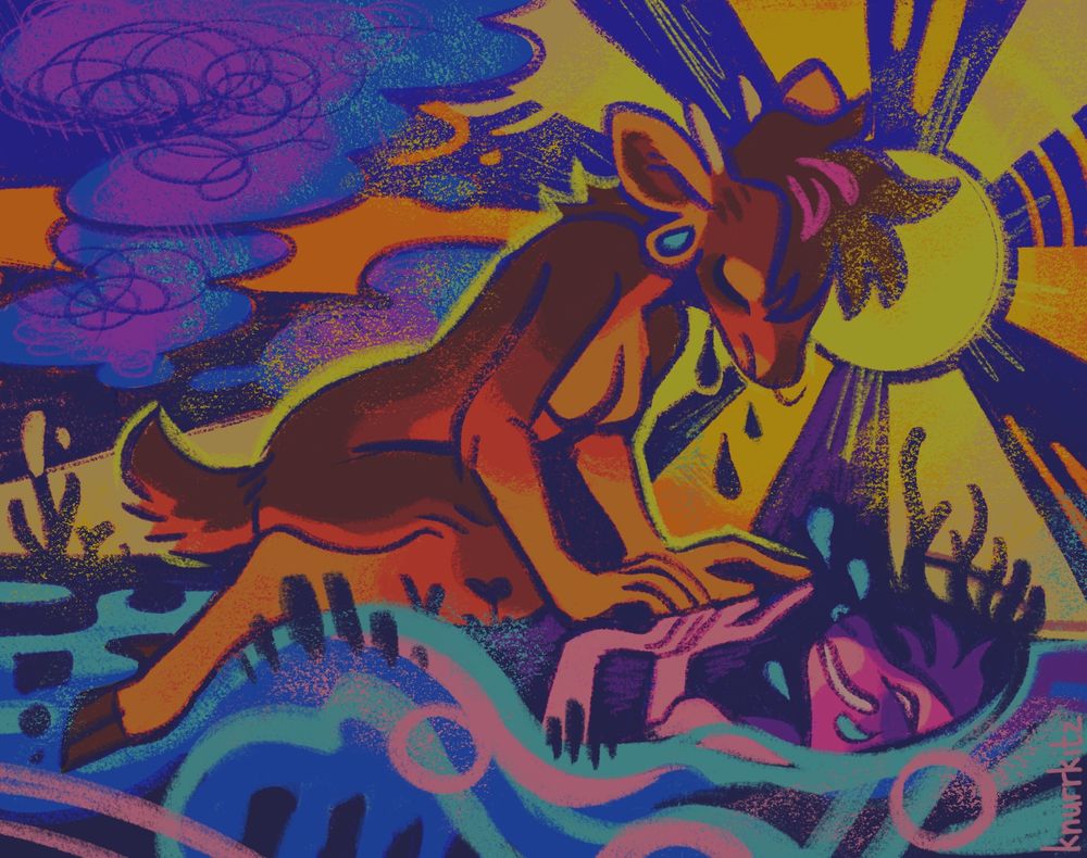 a psychedelic painting of an anthropomorphic pudu deer character, sad and crying, slouched above its crying yet happy reflection