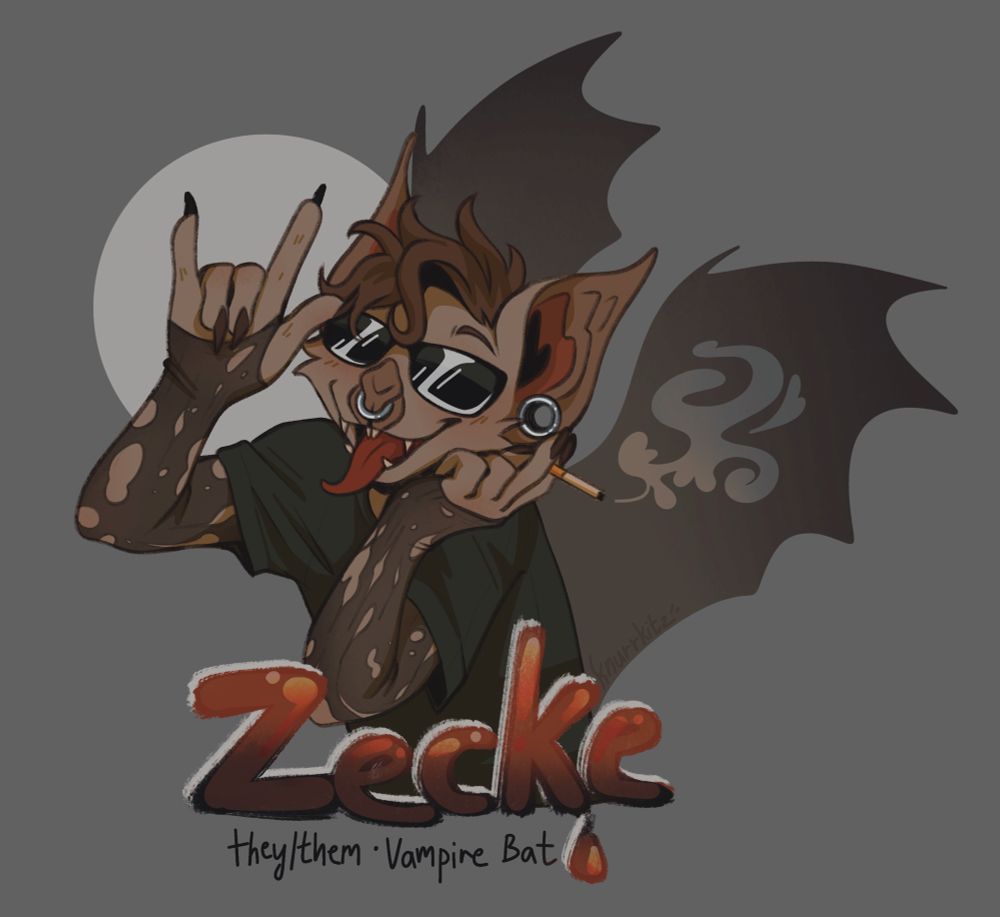 a convention-badge-style digital illustration of an anthropomorphic Vampire Bat character, the text reads: “Zecke”, “they/them”, “Vampire Bat”