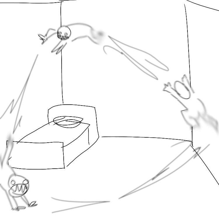 a crude drawing of a person with large sharp teeth bouncing off the walls & ceiling of a room on all fours