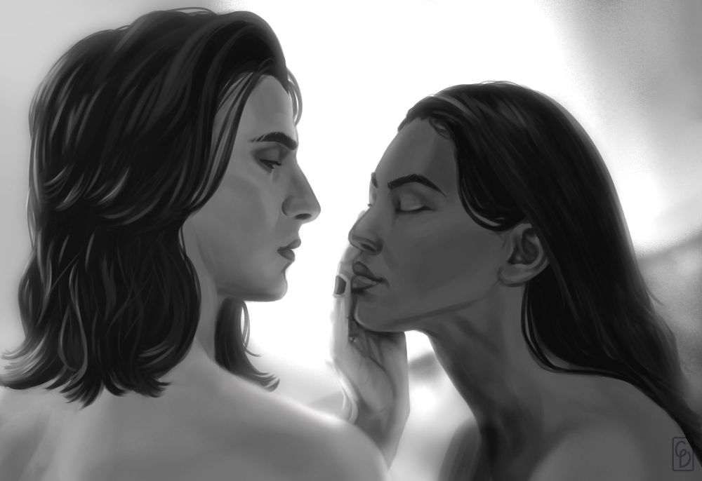 A black and white digital drawing of Illario Dellamorte, right, looking at Kala Ingellvar, left, while his left hand is placed on her face with his thumb on her bottom lip. Kala's eyes are closed.