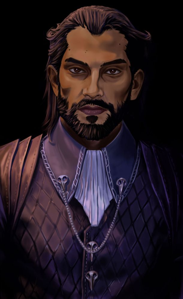 A digital drawing of Lucanis Dellamorte from Dragon Age: The Veilguard. It is a bust portrait of him facing-forward and looking at the viewer.