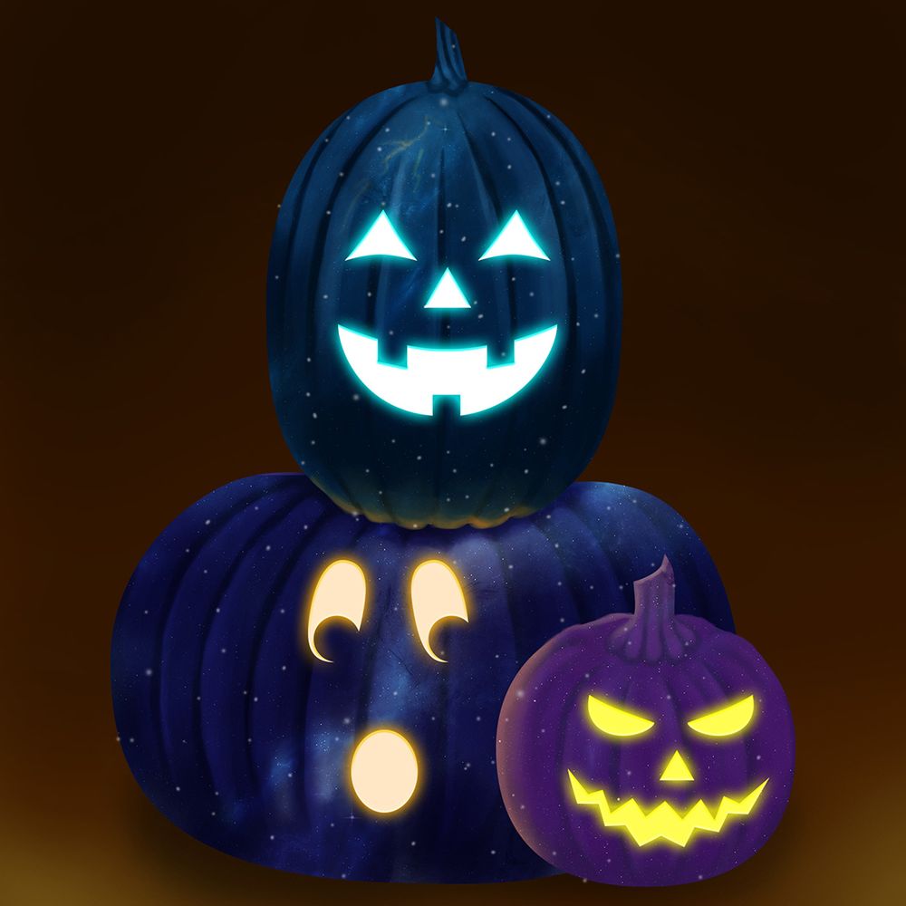 An illustration of three different jack-o-lanterns with facial expressions and space-themed textures and colors in blues and purples. The blue and largest pumpkin has a surprise face and is looking at the smallest pumpkin with a menacing smile. On top of the largest pumpkin is a more teal-colored one with a big happy grin.