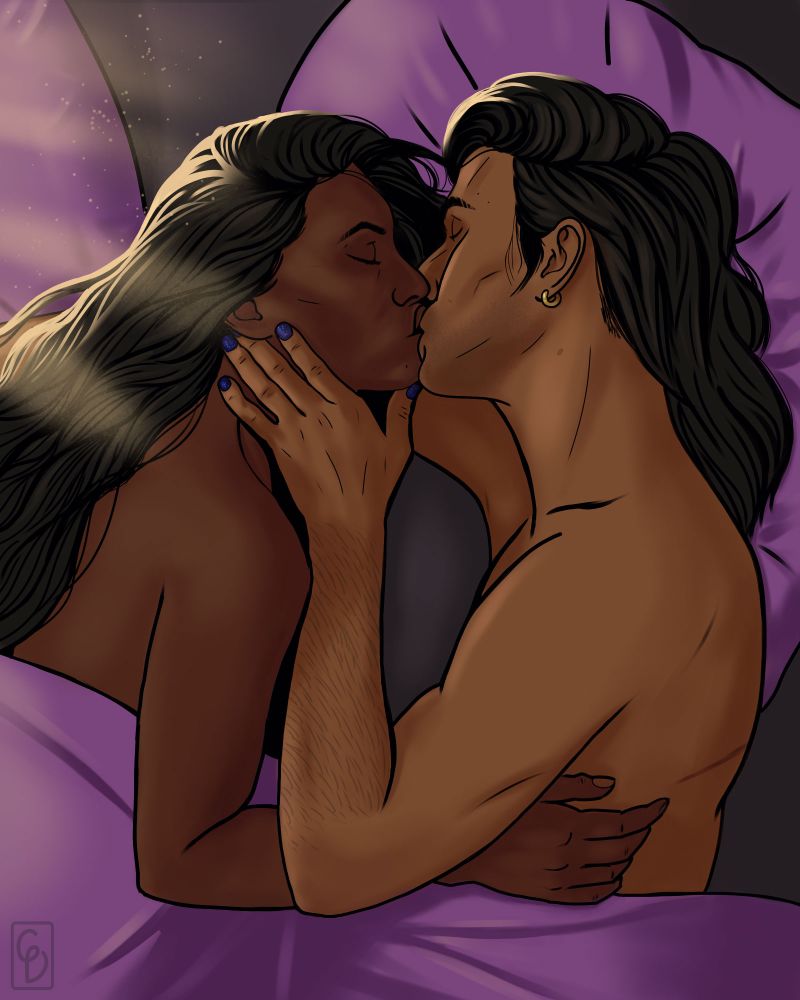 Digital art of Illario Dellamorte (right) and Kala Ingellvar (left) kissing while lying in bed. Illario's left hand is delicately on Kala's neck with his thumb touching just beneath her chin. Kala's right arm is under his left while her hand is on his side. Morning light highlights their hair.