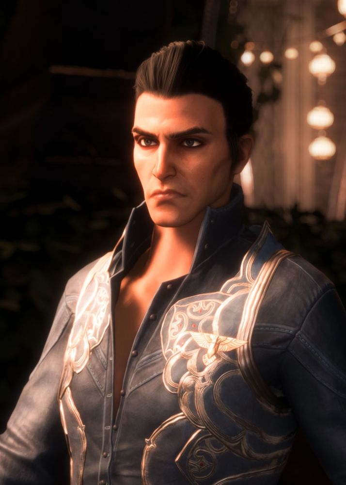 A virtual photo of Illario Dellamorte from Dragon Age: The Veilguard. It'd shot from his chest up and looking off to his right with an angry expression.