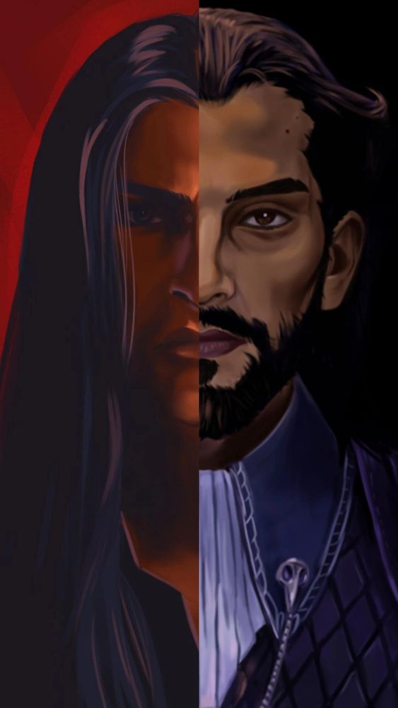 A split portrait of Illario and Lucanis Dellamorte both gazing at the viewer. Illario with hairc down has an angry expression while Lucanis has a neutral expression.