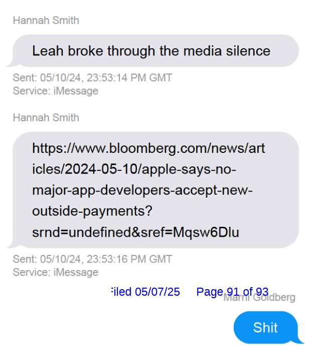 Text message exchange between Hannah Smith and Marni Goldberg. Hannah: Leah broke through the media silence. LINK
Marni: Shit