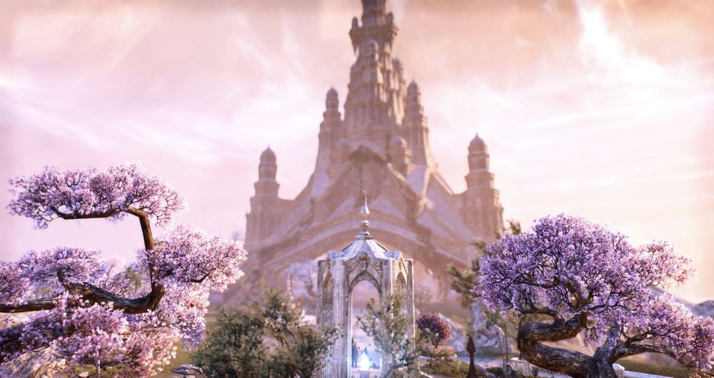 Fantasy landscape with blossoming purple trees and a distant ornate tower against a pink sky.