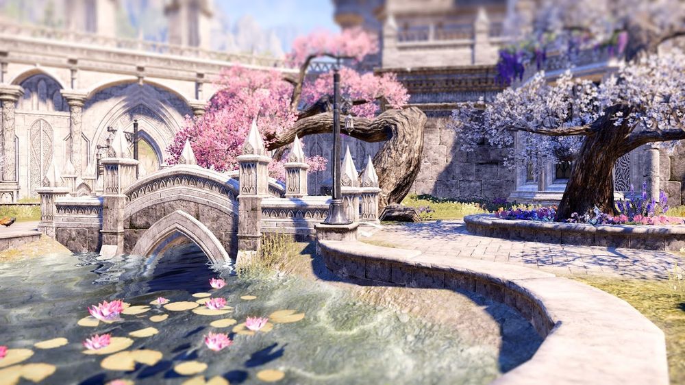 Screenshot from The Elder Scrolls Online showcasing a vibrant fantasy landscape with characters and intricate details.