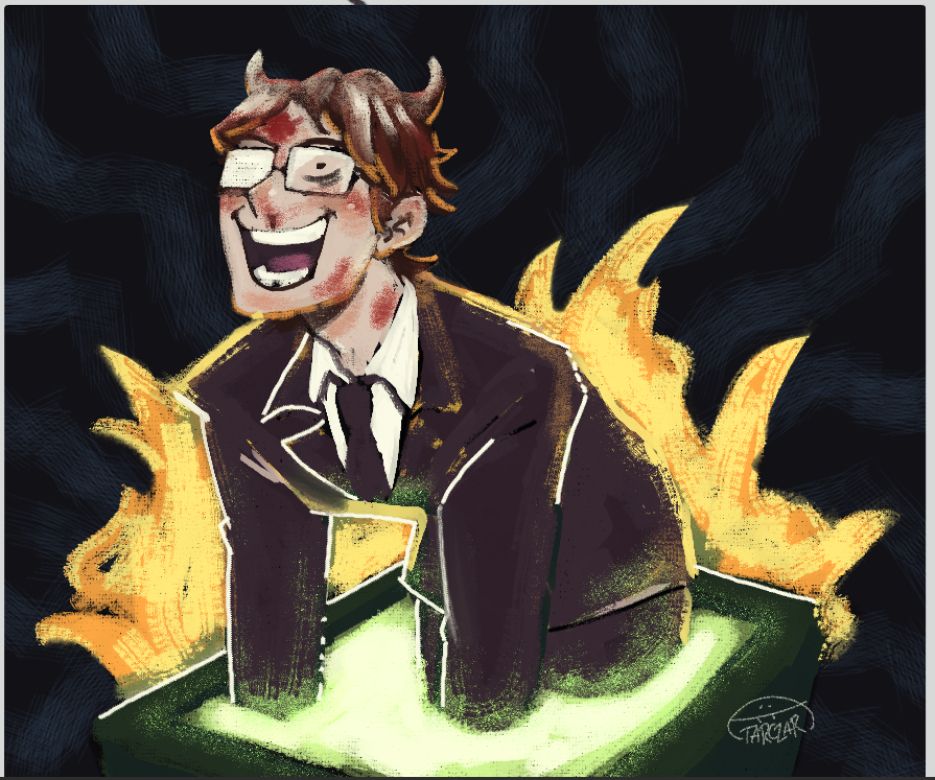 A colored digital illustration. It depicts a man emerging from a television screen surrounded by flames. The man is wearing a black business suit with a white shirt and black tie. He is also wearing a pair of rectangular-framed eyeglasses with the left lens depicted as opaque and white. Other notable features are his maniacally laughing expression, the red blood stains on his face, and his brown mullet-like hairstyle with two small strands curling upwards as if they're devil horns.