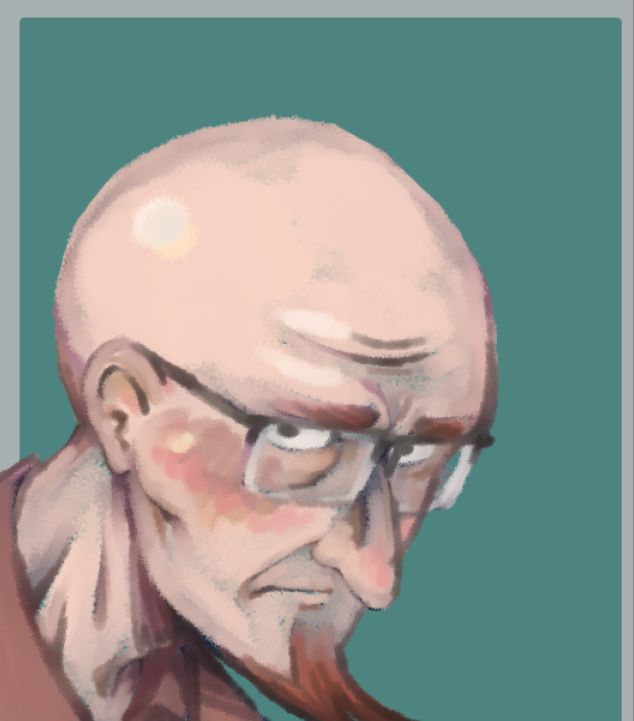 A digital illustration of Rusty Venture from The Venture Bros. He is only drawn from his head to the base of his neck. His face is tilted down but his eyes are pointed towards the viewer. He has a disgruntled expression. There is no background, except for a large, grayish turquoise rectangle behind him.