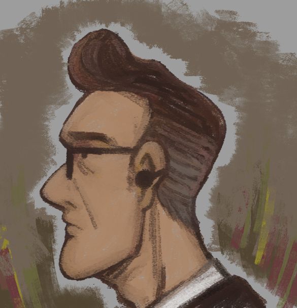 A digital drawing of Agent Superball from Sam & Max: Save The World. He is facing the left in a side profile and has his usual neutral expression. The background is a light tan with some colorful streaks of magenta, yellow and green at the bottom.