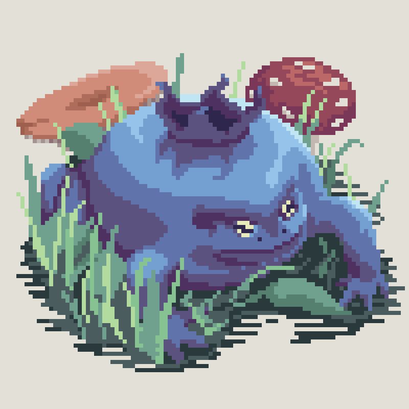 Pixel drawing of a blueberry-frog in a patch of grass and a couple of mushrooms
