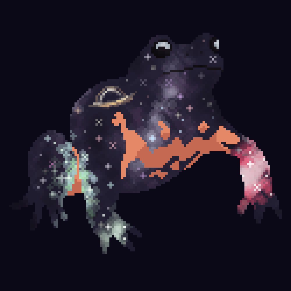 a pixel art drawing of a frog, but the frog is space full of stars 