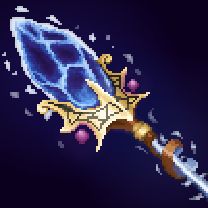 pixel art of a magic scepter with a big blue crystal, gold decorations and the shaft unwinding revealing beam of blue light