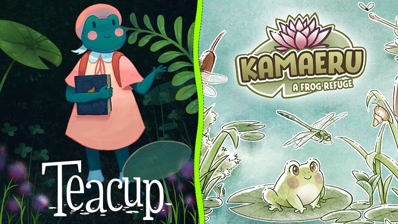 The key art for Teacup, a frog wearing a pink dress holding a book, and the key art for Kamaeru: A Frog Refuge, a frog sitting on a lilly pad in a pond