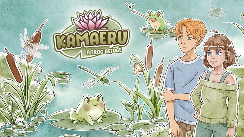 The key art for Kamaeru: A Frog Refuge. A cute frog is sitting on a lilypad in a body of water smiling, and to their right a young man with blonde hair, green eyes, a blue shirt, and brown pants is smiling shyly holding his left arm with his right hand. Next to him is a young woman with brown hair, blue eyes, a dark green tank with a light green sweater, and light green pants is standing with her hand on her hip looking confident.
