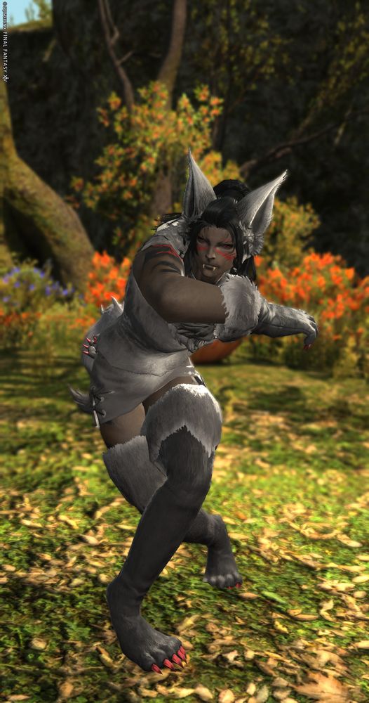 a schreenshot of a character in a werewolf costume, mid-dance, arms and legs crossed in front of her