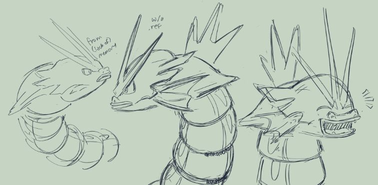 Three practice sketches of Gyarados, a Pokemon.