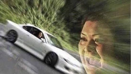 An meme image of a woman driving a white car very fast - her shocked face is overlayed over the motion-blurred scene, implying the speed is too much for her