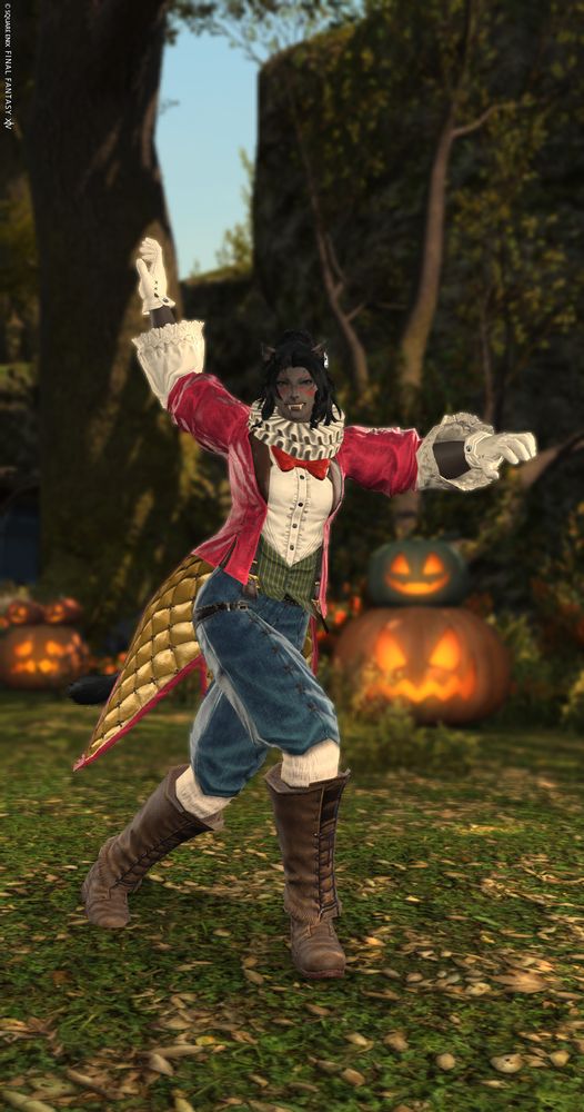 a screenshot of a character in a clown costume, mid-dance, arms extended and smiling