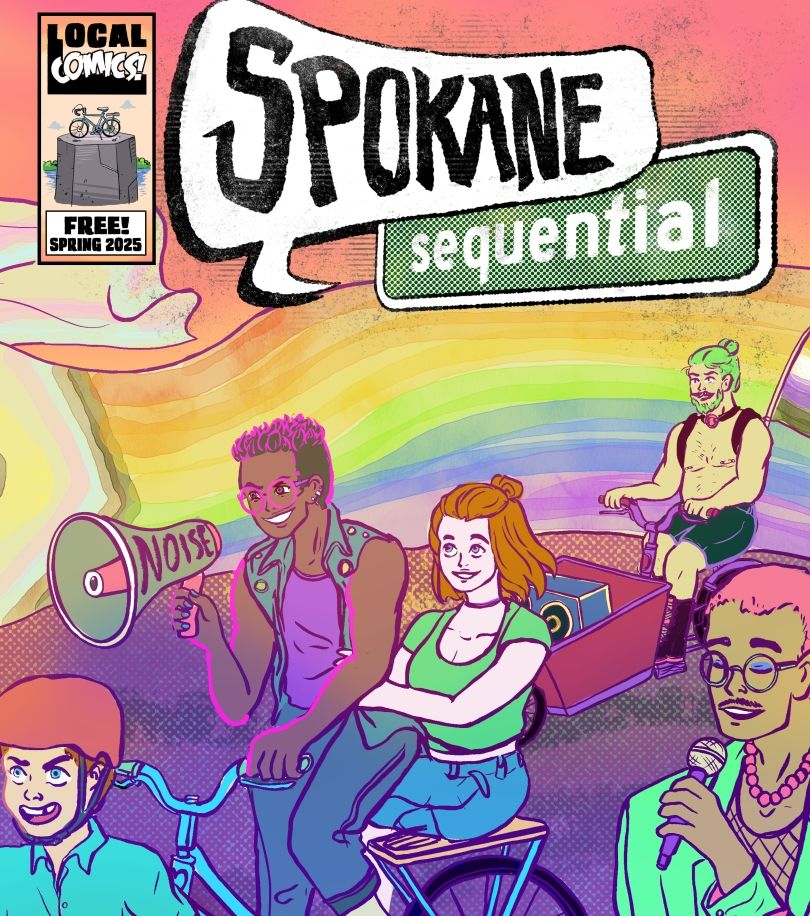 Our lovely cover by Nadia Hitchcock with colors by Nanette Cloud, depicting a noisy, rainbow-filled bike ride