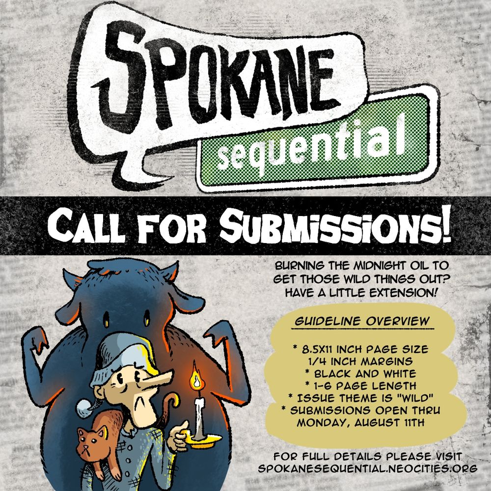 A "call for submissions" poster. "Burning the midnight oil to get those wild things out? Have a little extension!" Text is accompanied by a picture of an old man and his floppy cat searching for something by candlelight. A large cow looms ominously behind them.