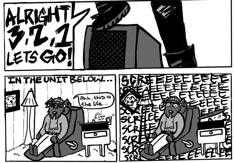 Excerpt from "Rowdy Ruckus" by Jose Nunez. "SCREEEEEEEEEE!" An old man's peace and quiet is disturbed by the cool band practicing in the apartment upstairs