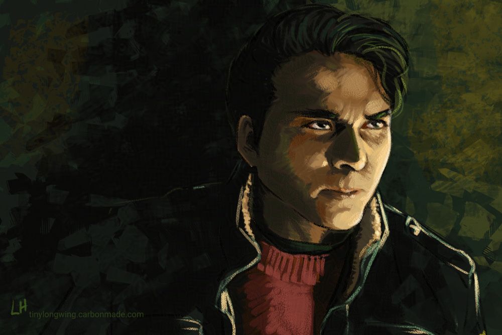 Digital illustration of Johnnie Redmayne with a rough pastel sketching look to the brushwork. This is a study from Vide Noir. Johnnie is looking toward the viewer's right, illuminated by greenish light. His expression is upset, a touch angry.