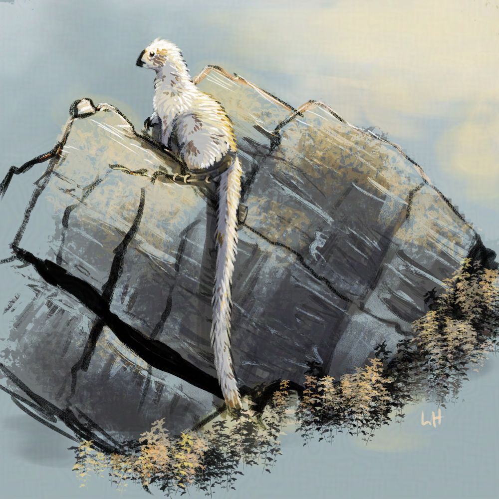 Rough digital illustration of jagged angular rocks emerging out of low brushy plants. At the peak of the rocks, a small fluffy mostly-white dinosaur with a short beak and compact body perches, grabbing the edge of a rock before it decides to move forward. Its extremely long tail hangs down the rock face.