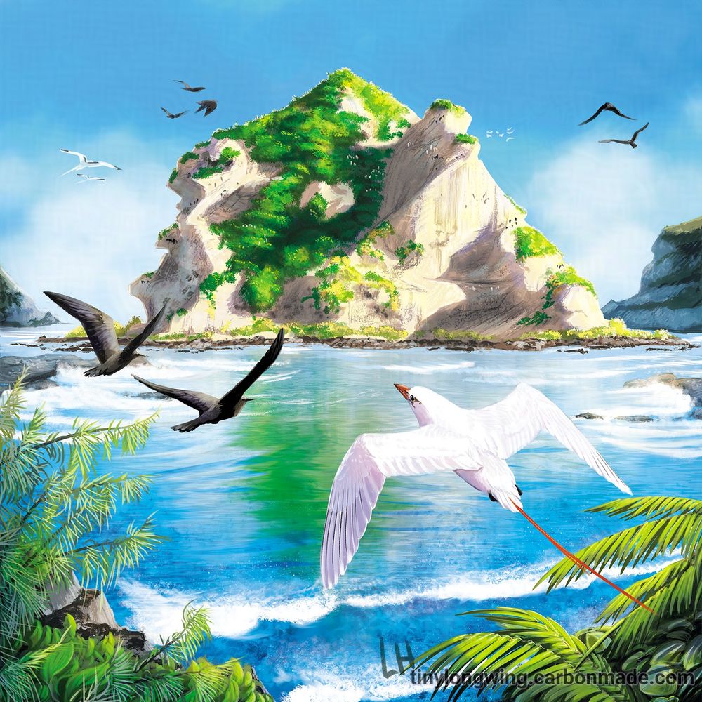 Illustration of an island set in a shallow tropical lagoon, fringed by Casuarina and coconut trees. The rocky island is covered in vegetation and tiny dots - lots and lots of birds! More birds are seen flying toward the island, and in the foreground some of these are identifiable as Brown Noddy and Red-tailed Tropicbird. For Nature (NorthStar Games). Based on Bird Island, Saipan.