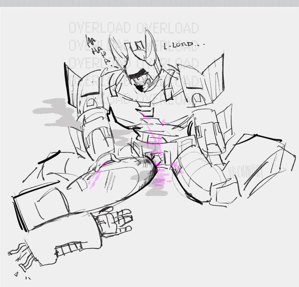 sketch of cyclonus making a mess of galvatron's (still smoking) canon (also attached to his detached arm).