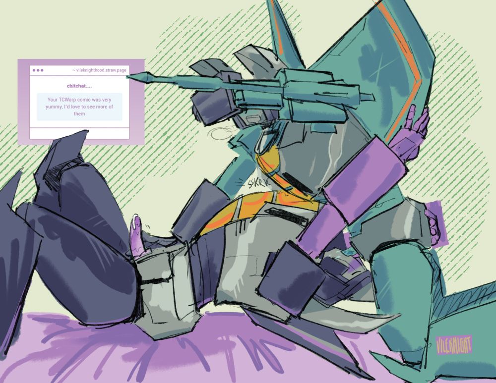 warp arches off his back while sucking tc off and feeling up his wing & aft. tc is covering his face and panting, hand grazing warp's spike.
straw page ask in the background reads: Your TCWarp comic was very yummy, I'd love to see more of them (ty!! i loooove tc....)