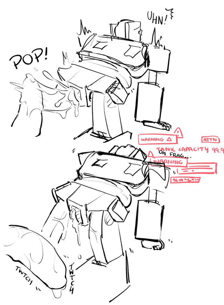 rj's spike popping out of rumble's valve as he jolts. subsequent image has rumble mumbling 'oh frag...' as a bunch of warnings pop up from his overfilled tank.