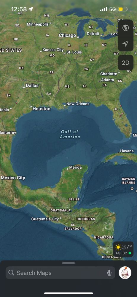 A screenshot of Apple Maps showing the Gulf of Mexico, now arbitrarily renamed as Gulf of America.