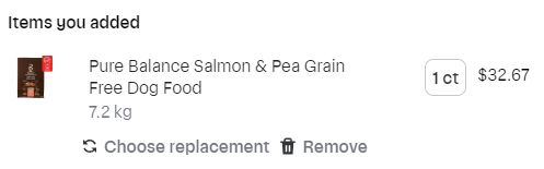 Screenshot of dog food cost on Instacart web service. Grain free is $32.67.