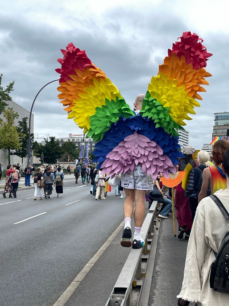 Jemand balanciert auf der mittleren Leitplanke. Er trägt sehr große Flügel in Regenbogenfarben.