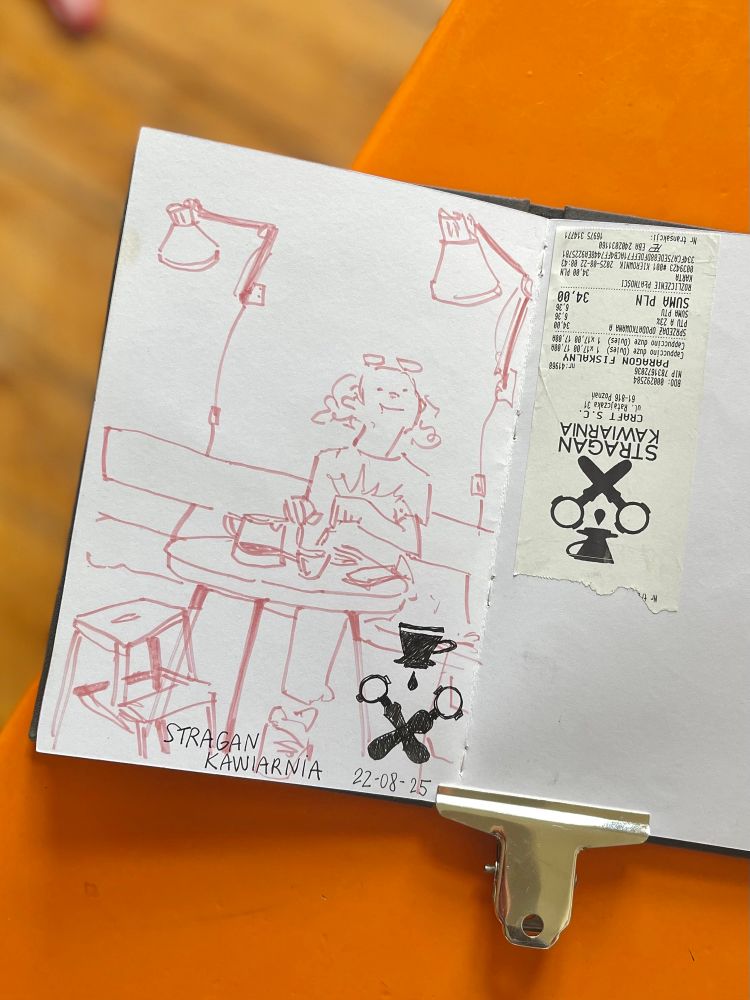 A sketch of a woman having breakfast. The recipe is glued upside down onto the page.