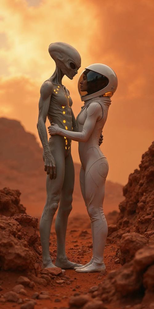 A cinematic photograph of a humanoid alien embracing a human in a sleek, futuristic space suit, standing on the rugged, crimson surface of Mars. The alien features a tall, ethereal frame with smooth, silvery skin, glowing bioluminescent patterns across its body, and large, reflective eyes that exude warmth and curiosity. The human’s helmet is off, revealing a face filled with emotion, capturing a moment of mutual understanding and hope. The dramatic Martian sky looms overhead, with swirling orange and red dust clouds framing the pair. The harsh Martian daylight casts long shadows and illuminates the fine details of the rocky terrain and the futuristic textures of the space suit. The atmosphere is infused with cinematic grain, lending a raw, unfiltered feel to the image. The scene is charged with a sense of awe and interstellar unity, emphasizing the profound connection between two vastly different life forms.