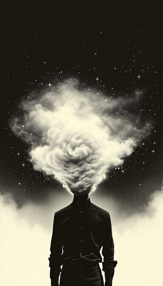 A surreal, faceless figure stands in a vast cosmic void, their head replaced by a swirling, cloud-like mass of mist and stardust, evoking the strange aesthetic of a vintage 1970s sci-fi poster. Faint stars twinkle through the ethereal cloud, blending with the night sky. The figure, dressed in a dark, formal shirt, stands in stark contrast to the otherworldly scene, their silhouette rendered in a style reminiscent of retro pencil sketch illustrations. The entire composition exudes a nostalgic, dreamlike quality, merging cosmic mystery with the sleek, minimalist fashion of a bygone era of science fiction.