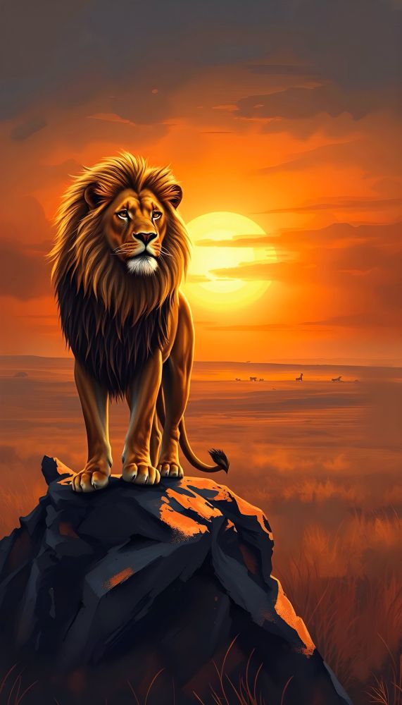 A majestic lion with a flowing mane, standing proudly on a rock in a vast savannah with a setting sun on the horizon. Bathed in warm, golden light with rich, earthy tones, in a realistic style reminiscent of wildlife photography. High detail, 4k resolution, with a focus on texture and depth