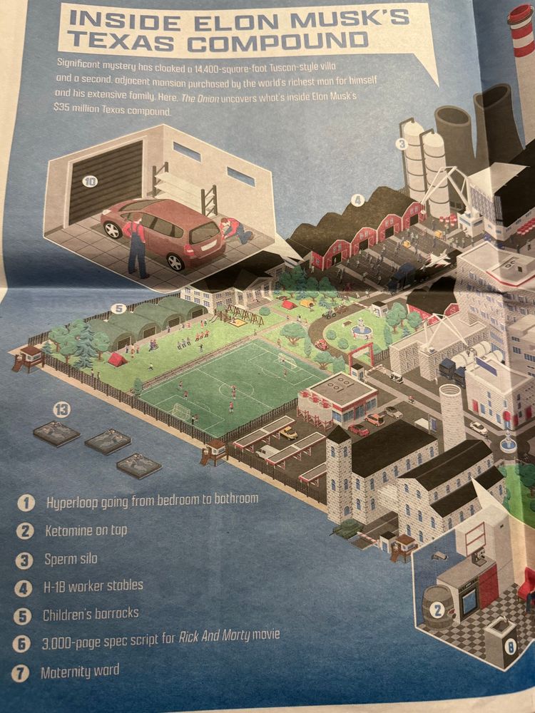 1. Hyperloop going from bedroom to bathroom
2. Ketamine on tap
3. Sperm Silo
4. H-1B worker stable
5. Children Barracks
6. 3000-page spec script for Rick and Morty movie
7. Maternity Ward