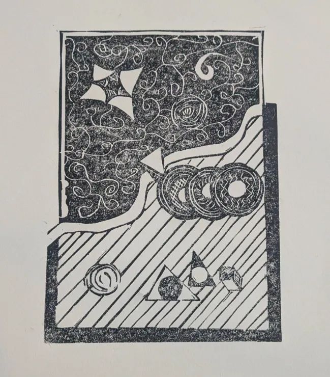 A linocut print in black ink on ivory paper featuring 2 sets of shapes separated by a winding line, the top part is a filled background with curved lines, and the bottom is a lined background 
