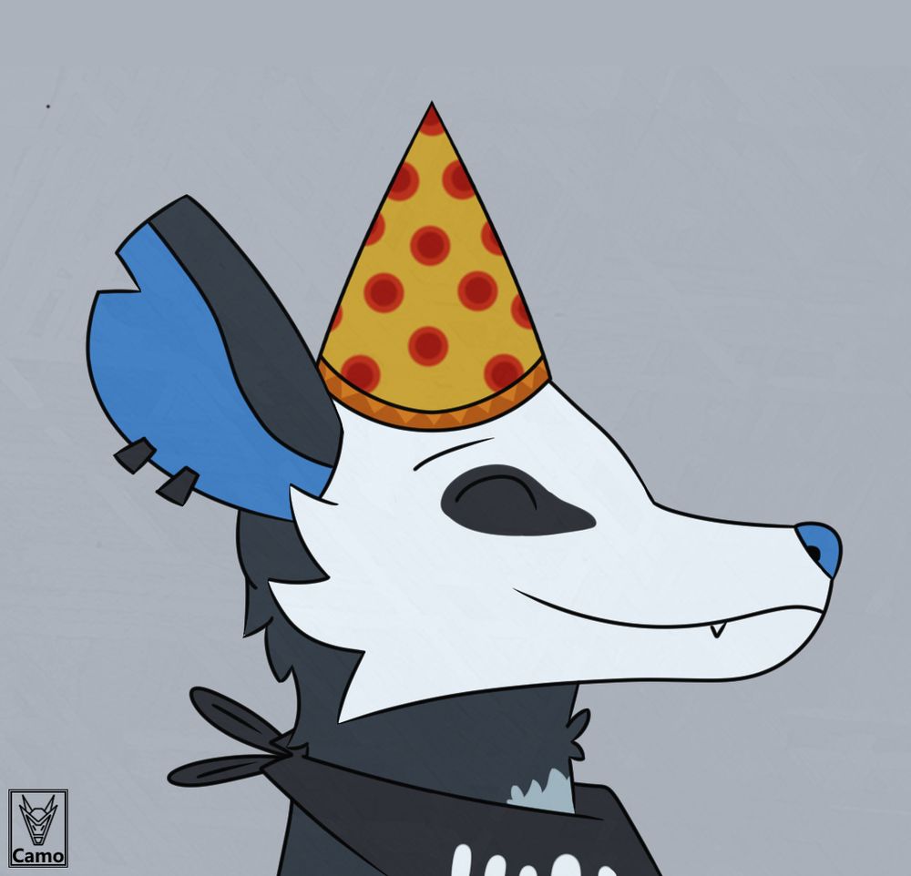 TheKoboldKing's Possum Pavel contently wearing a Birthday hat that's decorated like a pizza slice (I didn't realise it looked like one until after the piece was finished).