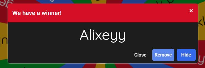 Screenshot of the wheel of names, showing Alixeyy as the winner 