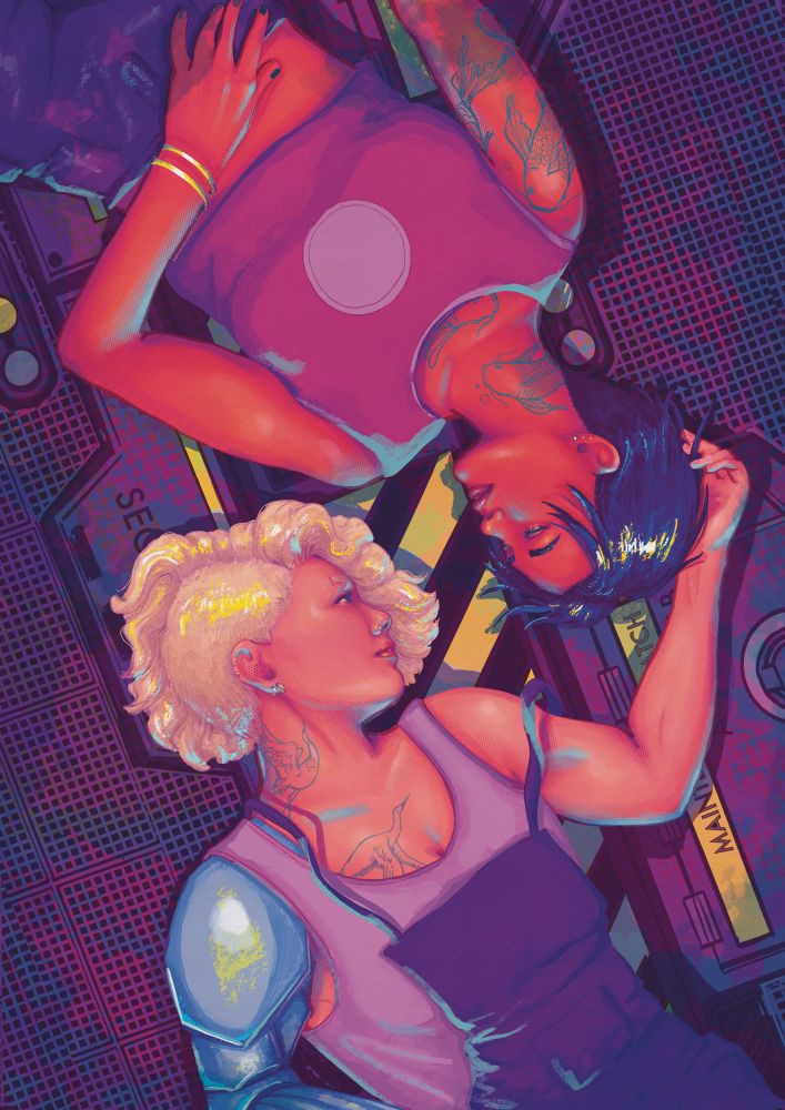 Two women lying on the floor of a space ship, gazing at each other