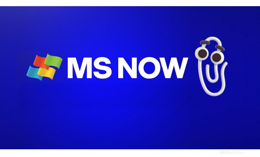 A parody version of the MS NOW banner (formerly MSNBC): The actual MS NOW text on the actual blue background, but with their white and orange logo replaced by the MS Windows 2002 logo on the left, and on the right the long-ago retired Windows mascot/assistant, Clippy - that looked like a paperclip, modified to look like a face.