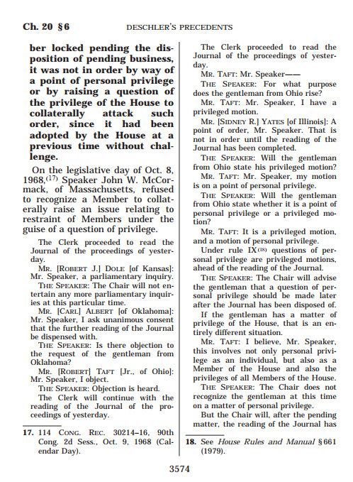 This is one of 4 screenshots of a full page from Deschler's House Precedents, 2 columns to a page. This is a continuation of the precedent that started in the prior page. Also, it continues onto the next page, which I've not posted as this was just to give a sample - and to answer the people who doubt that, in Congress, members had never been locked in their Chamber.