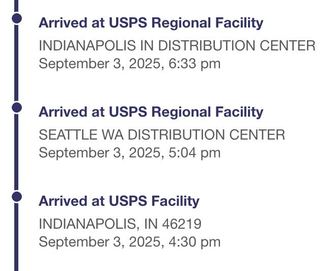 This image is a screenshot of USPS tracking updates showing the movement of a package. The entries are listed in reverse chronological order (most recent at the top):

Arrived at USPS Regional Facility
Location: Indianapolis IN Distribution Center
Date/Time: September 3, 2025, 6:33 pm

Arrived at USPS Regional Facility
Location: Seattle WA Distribution Center
Date/Time: September 3, 2025, 5:04 pm

Arrived at USPS Facility
Location: Indianapolis, IN 46219
Date/Time: September 3, 2025, 4:30 pm