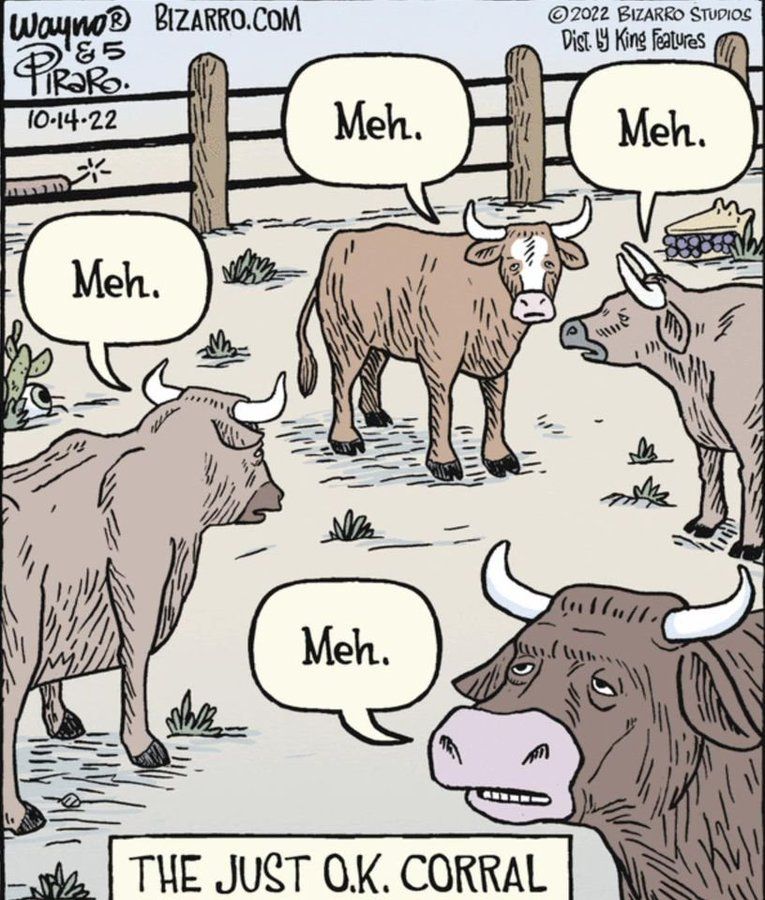 A cartoon picture of multiple cows saying 