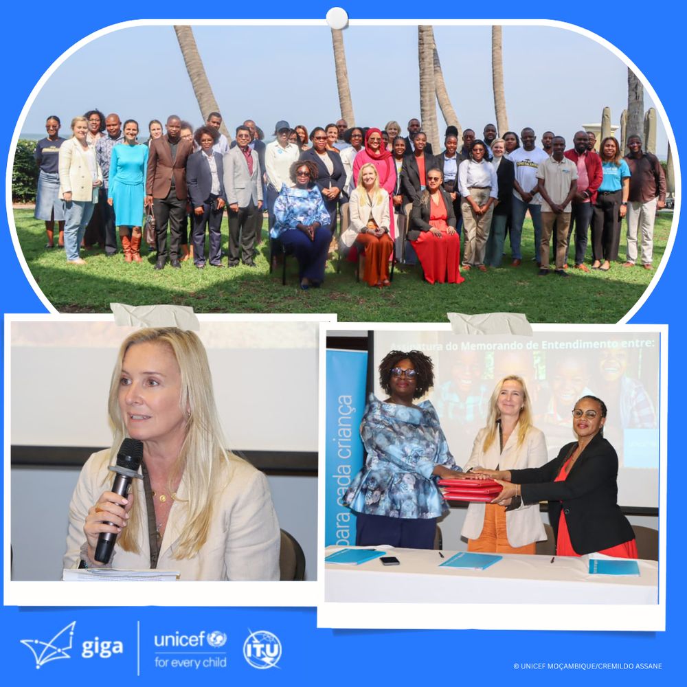 Three photos of the signing of the Giga Memorandum of Understanding by he Ministry of Education and Culture (MEC), the Ministry of Communication and Digital Transformation (MCTD), and UNICEF.
